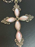 Sterling Silver Pink Gemstone Cross Necklace Cross Approximately 2.25 inch W/ Bale Chain 23 inch Ring Clasp Vintage
