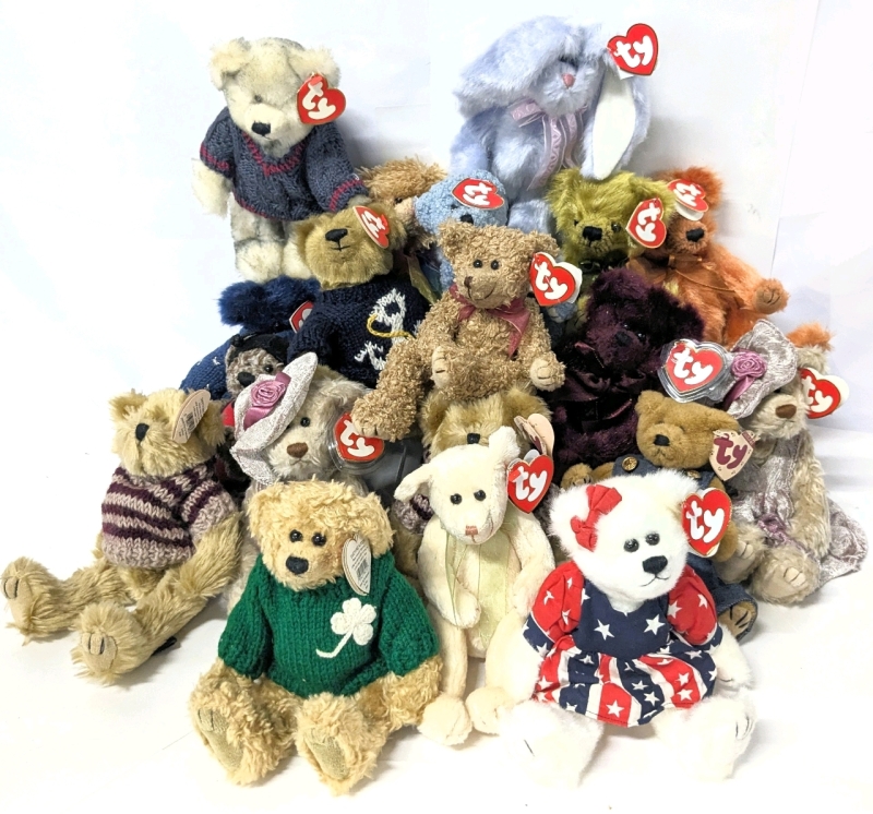19 Vintage TY Collectable Jointed Teddy Bears (+ 1 Rabbit), All With Heart Tags, Up to 9" Tall