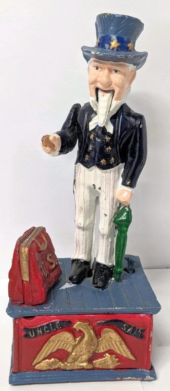 Vintage Cast Iron UNCLE SAM Mechanical Coin Bank with Stopper : 10.5" Tall
