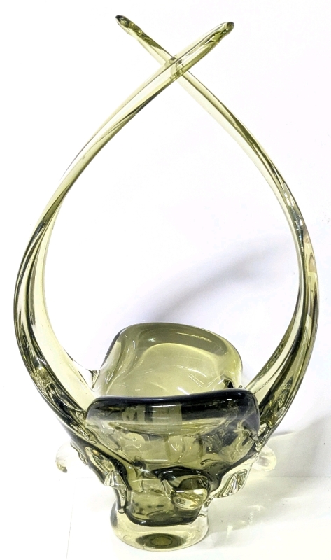 Vintage Avocado Art Glass Basket, 13.25" Tall, No Chips or Cracks