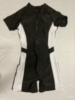New Sz Medium Ladies 1 pc Swimsuit with Short Sleeves and Boy Cut Shorts | Front Zip | Molded, Removable Cups