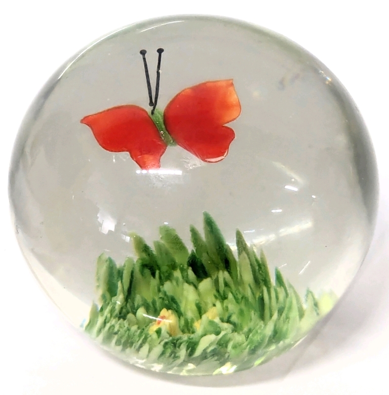 Vintage Art Glass Paperweight with Suspended Butterfly with Grass Field, Approx 3.25" Tall