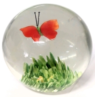 Vintage Art Glass Paperweight with Suspended Butterfly with Grass Field, Approx 3.25" Tall