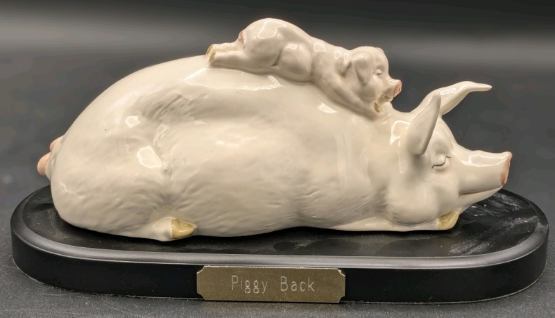 Vintage ROYAL DOULTON Handpainted "Piggy Back" Figure on Wood Base, 7.8" Long, Chip in Piglet's Ear