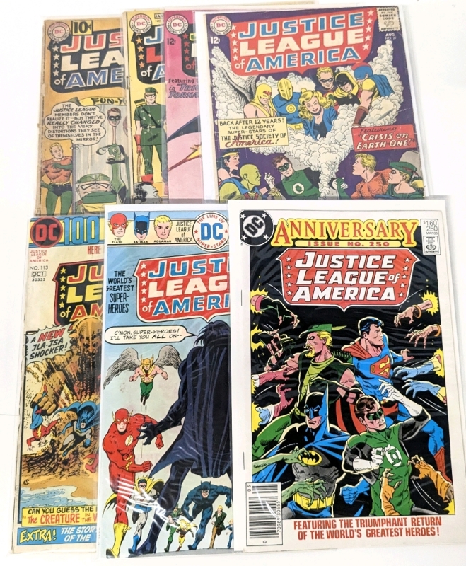 Vintage DC Comics JUSTICE LEAGUE OF AMERICA, #7, 8, 17, 21, 113, 123, 250, 7 Comics, All Bagged, Some Boarded