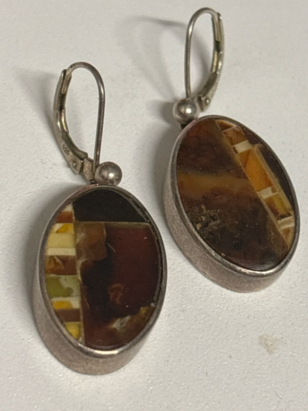 Leach & Garner 925 Sterling Oval Mookalite Drop Earrings Fluorescents 1.5 inch drop Amber highlights Stamped