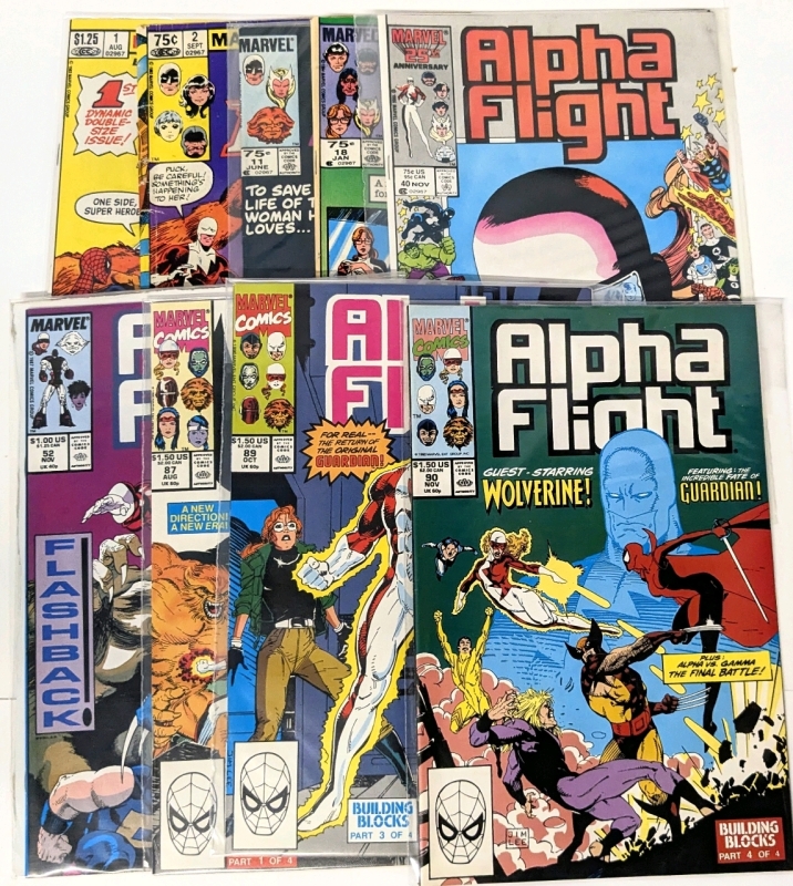 9 Vintage MARVEL Comics ALPHA FLIGHT Key Issues : 1, 2, 11, 18, 40, 52, 87, 89, 90 - Some Bagged, Some Bagged & Boarded
