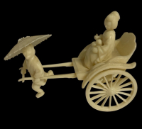 Vintage Celluloid Japanese Rickshaw Figure with Geisha in Cart likely from the Early 20th Century specifically the 1930s Approximately 3.25 x 4 inch