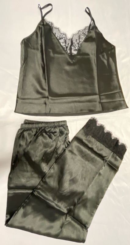 New Sz Large Ladies Satin Look and Feel Pajamas | Camisole Top and Long Pants | Pretty Lace Trim