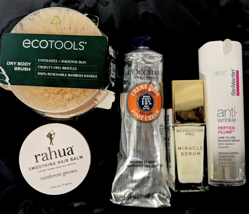[See Desc] Dry Body Brush, RAHUA Smoothing Hair Balm, L'OCCITANE EN PROVENCE Foot Cream, Revolution Pro Miracle Serum & StriVectin Anti-Wrinkle Peptide Plump Serum