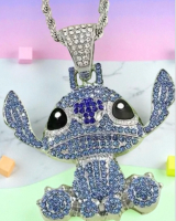 Stitch Necklace Blue Gilded Bling Pendant Large Black Eyes Large Sparkly Bale pendant approximately 1.9 x 2 Inch Chain 23 inch