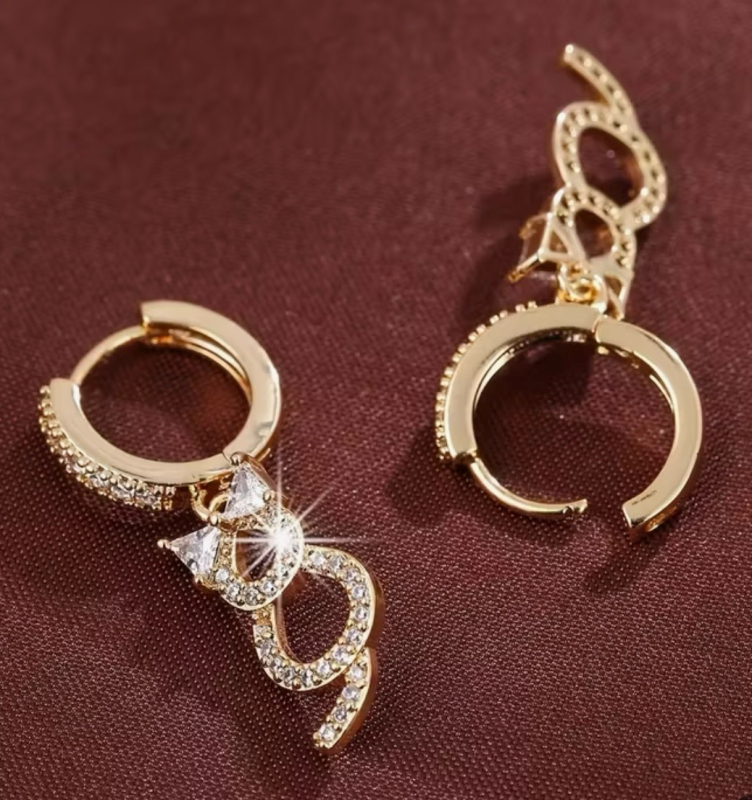 Cat Earrings 18K Gold Plated Minimalist Dangle Hoop Earrings With Sparkling Zirconia Approximately 1 inch
