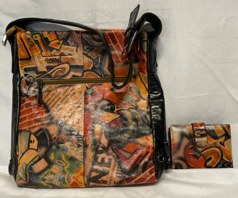 Bertolli Leather 12&rdquo; Bag and Matching 4.5&rdquo; Wallet | Graffiti Print
