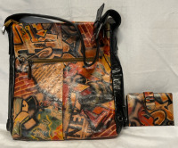 Bertolli Leather 12&rdquo; Bag and Matching 4.5&rdquo; Wallet | Graffiti Print