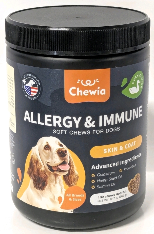New CHEWIA Allergy & Immune, Duck-Flavoured Soft Chews for Dogs : Skin & Coat Support for All Breeds & Sizes, Approx 180 Chews | EXP 10/2026