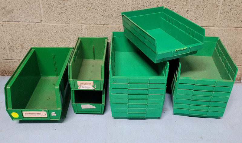19 Plastic Stacking & Nesting Shelf Bin Boxes , Green . Measures 11"&times;8.5"&times;4" to 14"&times;8"&times;7"