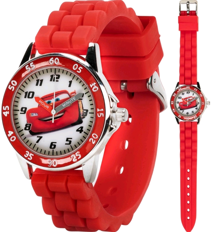 New Disney Pixar Kids' CZ1009 "Time Teacher" Cars Lightning McQueen Round Watch with Red Rubber Strap in Collector's Tin