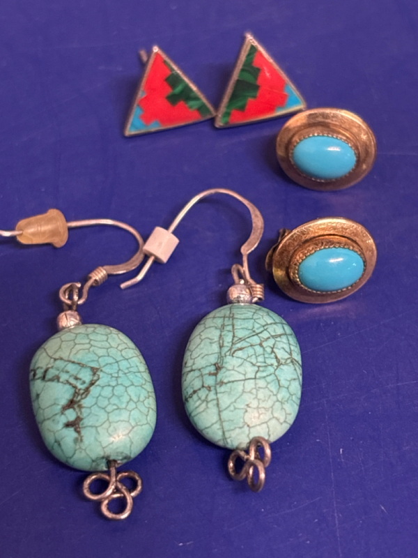 3 Beautiful Earrings Oval Gold Filled Dog Tooth Turquoise Studs 925 Turquoise Dangles 925 Sterling inlay Malachite Turquoise Coral Triangle Studs