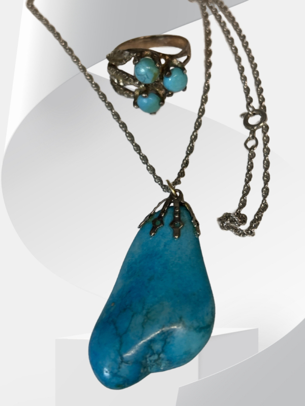 Turquoise 1.75 inch Coloured Cabachon Necklace 18&rsquo;&rsquo; non magnetic Chain Ring clasp Sterling Turquoise Feather Ring Size 7 signed Unmarked