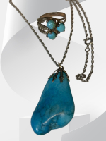 Turquoise 1.75 inch Coloured Cabachon Necklace 18&rsquo;&rsquo; non magnetic Chain Ring clasp Sterling Turquoise Feather Ring Size 7 signed Unmarked