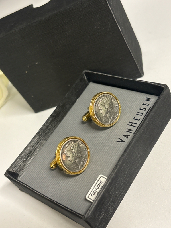 VAN HUESEN Mecury Dime 1928 & 1942 Cuff Links Original Box Genuine Coin