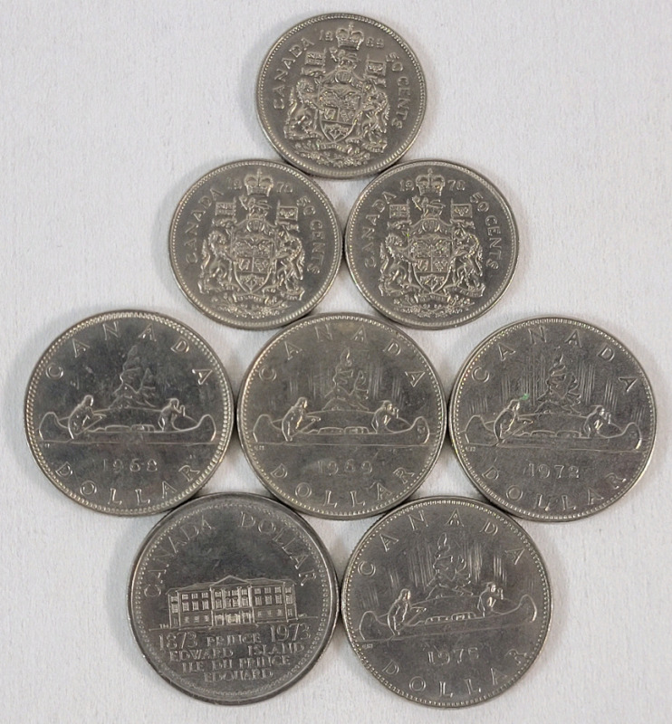 1968 - 1976 Canadian Dollar & 50-Cent Half Dollar Coins. 1968 , 1969, 1972 , 1973 & 1975 Dollar Coins and 1969 , 1970 & 1976 Half Dollar Coins .