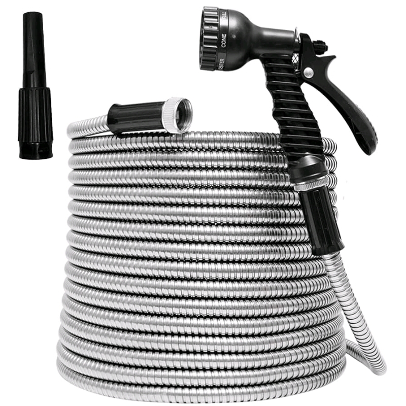 New TUNHUI 50FT Heavy Duty Flexible Metal Garden Hose Stainless Steel Water Hose with 2 Nozzles Metal Hose Flexible Kink and Easy to Store Outdoor Hose
