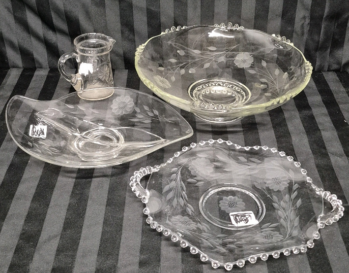 4 Vintage Corn Flower Etched Serving Dishes 12" Diameter & Length
