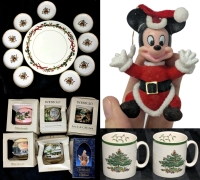 Vintage Christmas: Royal Worcester Holy Ribbons 11"Cake Plate, 9 Fitz and Floyd "St Nicholas" 4" Plates, 2&times; Spode Christmas Tree Mugs, 3&times; Alderbrook & 1&times; DoublGlo Ornaments, Flocked Mickey Ornament + 6 Modern Customizable Ornaments 4.5"