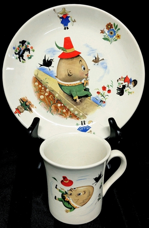 Vintage OLD FOLEY England Humpty Dumpty 2pc Plate & Mug Set, Plate 7.8" Diameter, No Chips or Cracks, Crazing Present
