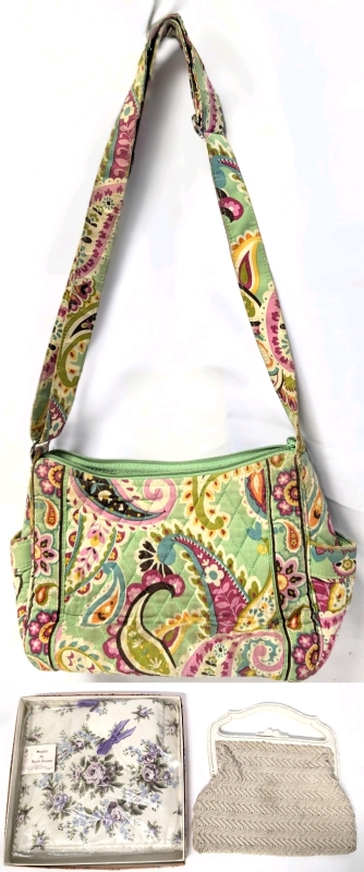 Retired VERA BRADLEY Quilted Paisley Crossbody Purse, Vintage Kit Handbag & Vintage Sealed Scented Sachets by Karen Carson in Gift Box, Purse 10" &times; 3" &times; 8.25" Tall Excluding Strap