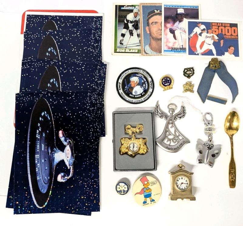 Assorted Vintage Junk Drawer Finds: GIRL GUIDES & Guider Pins & Badges, 1992 Star Trek : TNG Hallmark Blank Cards, Keychain, Miniature & Brooch Watches, Sports Cards +