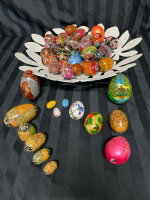 20+ Ukrainian Style Wooden Eggs + 3 Ceramic + Nesting Egg Missing 1 Half | Includes Metal IKEA Bowl | Largest Egg Measures 4&rdquo;