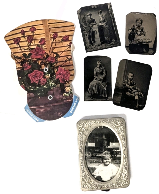 4 Victorian Tin Type Photographs, Vintage John C. Gump Funeral Home Advertising Pop-Open Parlor Fan & Silver Plated Picture Frame 3.15" &times; 5.6"