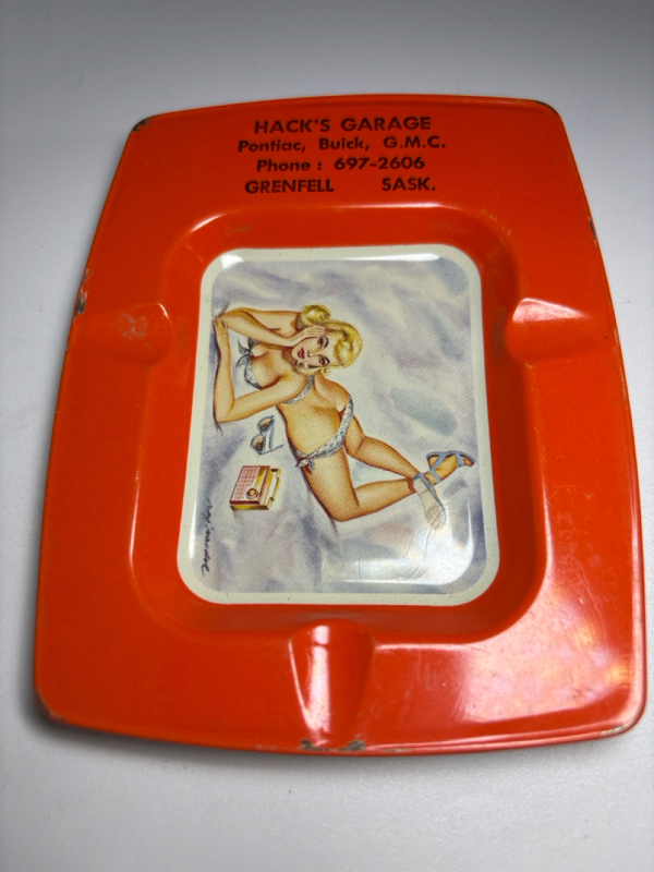 Ashtray Pin Up Model Hack&rsquo;s Garage Saskatchewan Grenfel 160&rsquo;s 20th Century Naughty Bright Orange Red Approximately 4.75 x 3.75 inch