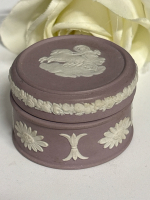 Vintage Mini Wedgwood Lilac Jasperware Trinket Box impressed with "Wedgwood Made in England" on the bottom. Rare