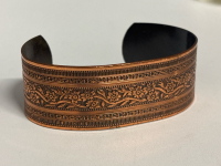 Wide Copper Scrolled Open Cuff Bracelet Total 7.5 inch 2.75 in Diameter 1.5 inch back open Pliable