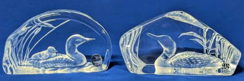 2 Signed Vintage Crystal Loon Paperweights : MATS JONASSON & CAPREDONI DARTINGTON, Up to 3" Tall, Small Chip in Bottom of MATS