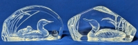 2 Signed Vintage Crystal Loon Paperweights : MATS JONASSON & CAPREDONI DARTINGTON, Up to 3" Tall, Small Chip in Bottom of MATS