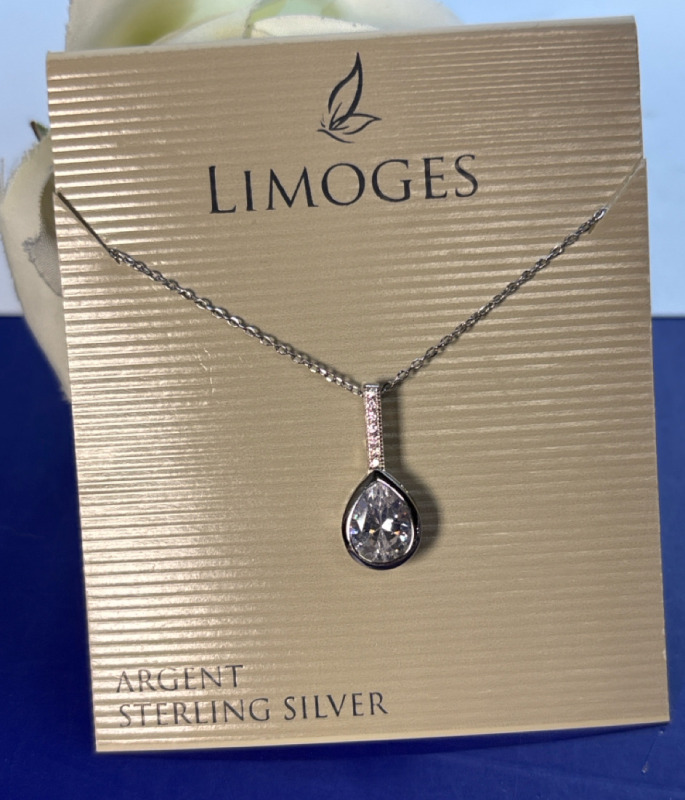 Limoges Argent Sterling Silver Teardrop Necklace on Card New Old stock Length unknown as not unwrapped