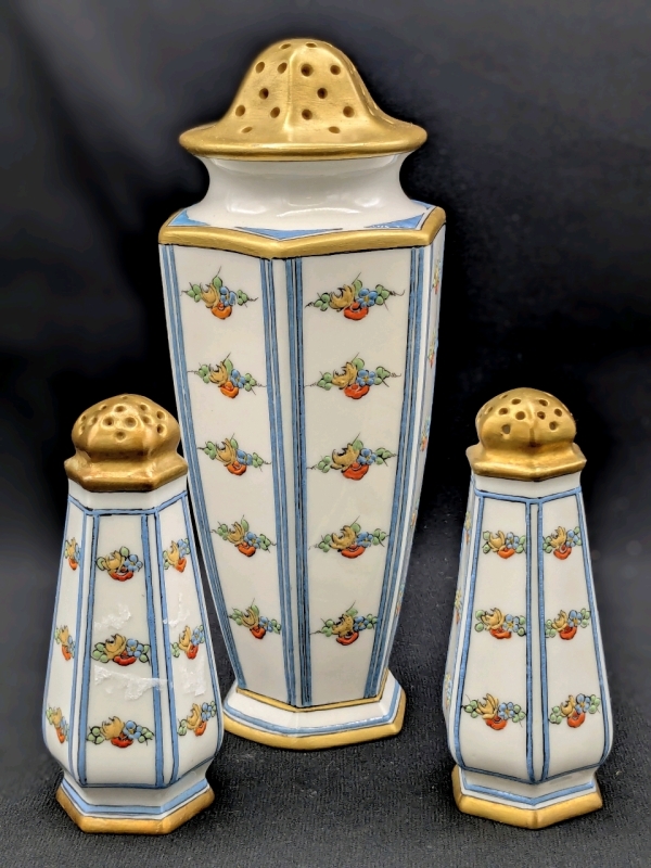 Signed Vintage LENOX BELLEEK Corbett Salt & Pepper Shakers & Presumed Powdered Sugar Shaker, 3.8" - 7" Tall, No Stoppers, No Chips or Cracks, Light Blue Stamp