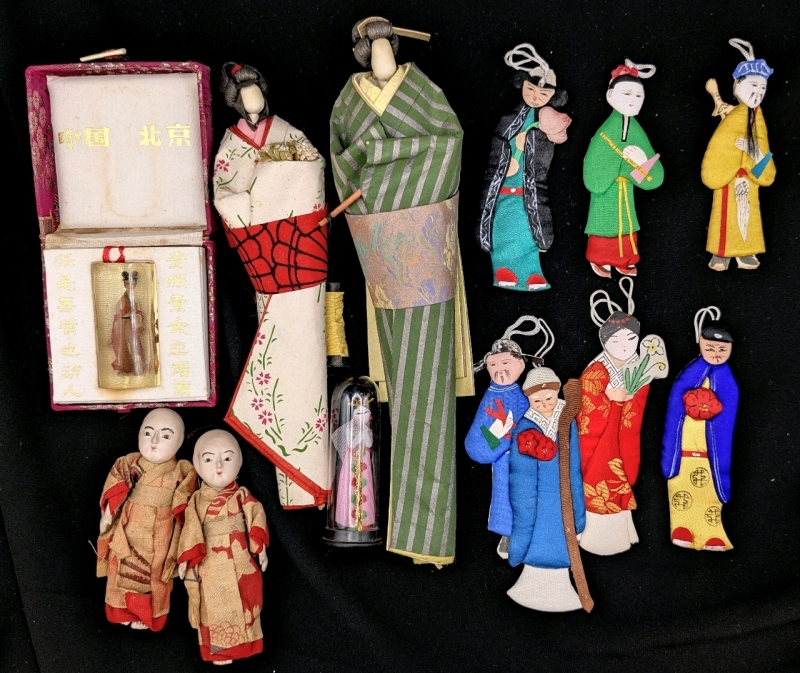 Assorted Chinese & Japanese Dolls + : 7 Chinese Silk Courtiers & Palace Officials Ornaments 4", 2 Japanese Washi Ningyo Lucky Paper Dolls, Pair Japanese Composite Children Dolls, Miniature Geisha Hime Doll under Dome & Chinese Woman Encased in Resin Insid