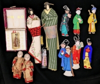 Assorted Chinese & Japanese Dolls + : 7 Chinese Silk Courtiers & Palace Officials Ornaments 4", 2 Japanese Washi Ningyo Lucky Paper Dolls, Pair Japanese Composite Children Dolls, Miniature Geisha Hime Doll under Dome & Chinese Woman Encased in Resin Insid