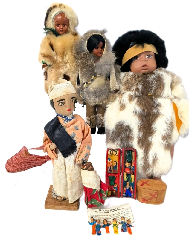 Assorted Vintage Native North & South American Dolls: 12" Long Clothbody Doll with Real Rabbit Fur, Peg Doll, Pair of Sleepy-Eye Dolls with Real & Faux Fur / Leather, Stockinette Doll with Bag, Peru Retablo Diorama & Set of 6 Guatemalan Trouble Dolls in C