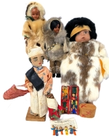 Assorted Vintage Native North & South American Dolls: 12" Long Clothbody Doll with Real Rabbit Fur, Peg Doll, Pair of Sleepy-Eye Dolls with Real & Faux Fur / Leather, Stockinette Doll with Bag, Peru Retablo Diorama & Set of 6 Guatemalan Trouble Dolls in C