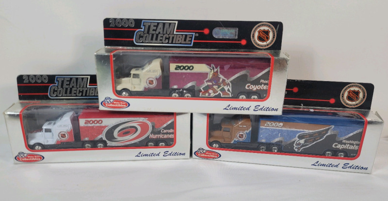Three (3) 2000 NHL Hockey Team Collectible Diecast Trucks , 1:80 Scale . Coyotes , Capitals & Hurricanes .