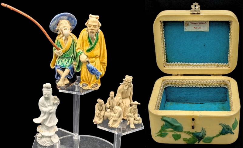Assorted Vintage Chinese Figures incl Blanc De Chine Geisha/Goddess, 1.15" - 4" Tall MudMen Figures all in Handmade by Patti Lee Jewelry Box (6" &times; 4.75" &times; 4.75" Tall)