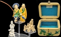 Assorted Vintage Chinese Figures incl Blanc De Chine Geisha/Goddess, 1.15" - 4" Tall MudMen Figures all in Handmade by Patti Lee Jewelry Box (6" &times; 4.75" &times; 4.75" Tall)