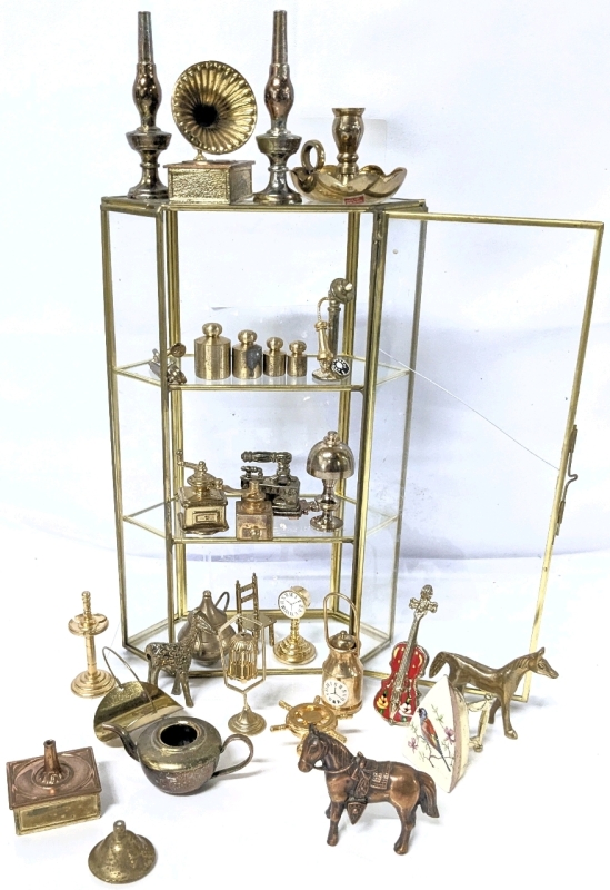 Assorted Vintage Copper Brass & Metal Miniatures With 3-Tier 9.5" Tall Glass Display Case with Crack in Door
