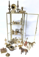 Assorted Vintage Copper Brass & Metal Miniatures With 3-Tier 9.5" Tall Glass Display Case with Crack in Door